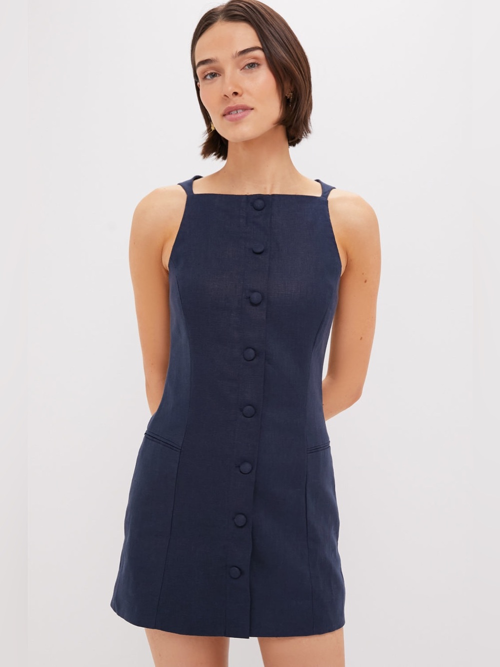 Faithfull the Brand Ambra Navy Linen Cotton Mini Dress Size US 6